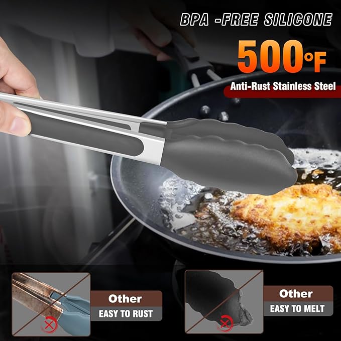 Heat Resistant Silicone Tongs Set - 600 Degrees, Kitchen Tongs for Cooking, Grilling, Turning - Stainless Steel and BPA Free Silicone Tips (7", 9" and 12 inch)