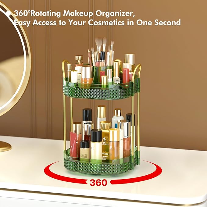 Awenia Rotating Makeup Organizer 360, Stackable Adjustable Large Capacity Cosmetic Storage Unit,Dresser Bathroom Kitchen Countertop Organizer with Metal Handle, Plus Size (Gem Green, 2 Tier)-BrightBean Baby