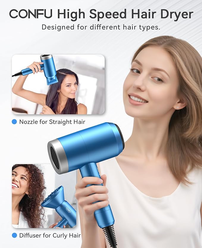 Hair Dryer, CONFU Hair Dryer with Diffuser, 21000PRM Professional Hairdryer, Portable Lightweight Fast Drying Negative Ionic Blow Dryer, Hair Diffuser for Curly Hair for Home Travel-BrightBean Baby