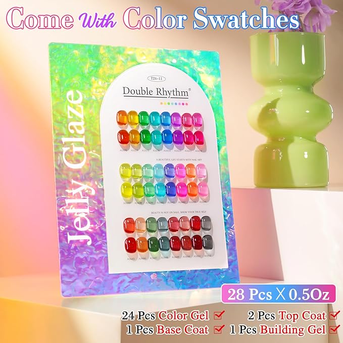 Double Rhythm 28Pcs 0.5Oz Gel Nail Polish Set Same Color Same Bottle Soak Off Gel Polish Kit Nail Art Manicure Salon DIY at Home for Women (Neon Jelly Sheer Collection-T24-11)-BrightBean Baby