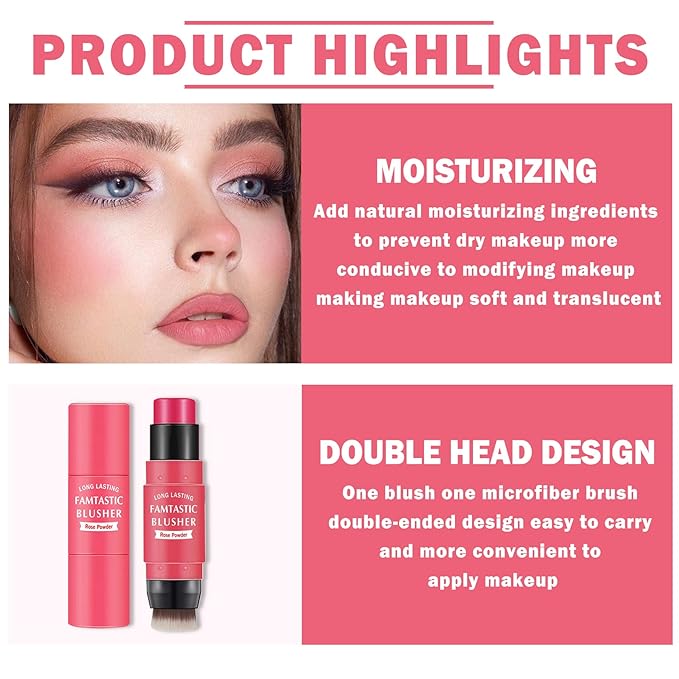 Cream Blush Stick with Brush, Waterproof, Long Lasting, Natural Finish, Rose Red - Compact Stick for All Skin Tones-BrightBean Baby