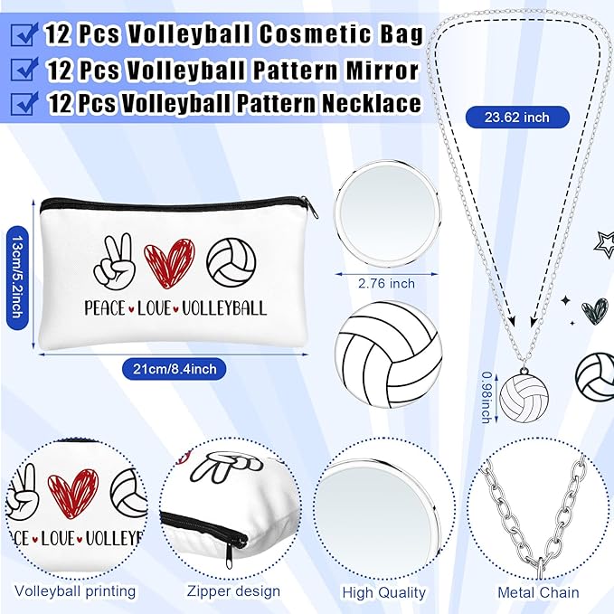 72 Pcs Sports Team Gifts Include 12 Makeup Bags 12 Lip Balm 12 Lip Balm Holder 12 Necklace 12 Adjustable Bracelet 12 Mirrors for Sports Lovers Players Party Favors (White, Volleyball)-BrightBean Baby