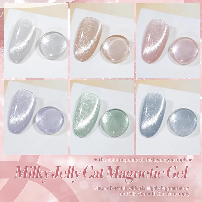 Born Pretty Cat Magnetic Eye Gel Nail Polish, Pastel Milky Jelly Cat Magnetic Gel Pastel Blue Green Purple Pink Nude Silver Nail Art Gel Manicure Salon DIY Gifts 7ML 6PCS-BrightBean Baby