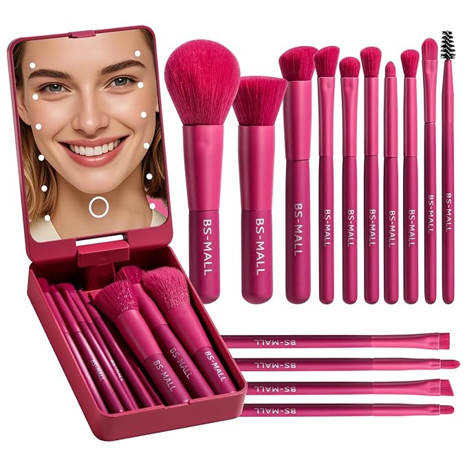 BS-MALL Travel Makeup Brush Set Foundation Powder Concealers Eye Shadows Makeup Set with LED light Mirror 14 Pcs (HotPink)-BrightBean Baby