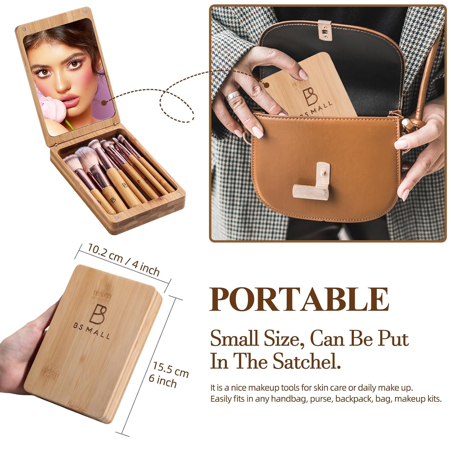 BS-MALL Travel Makeup Brush Set Kabuki Brushes Bamboo- Includes Eyeshadow Blush Brush & Foundation Brush For Liquid Makeup - 5X Magnifier Bamboo Mirror Case For Travel or On the Car Daily Use-BrightBean Baby