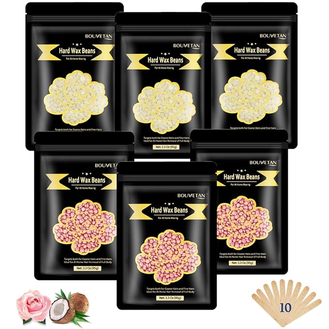 1.3Lb/21oz Hard Wax Beads for Hair Removal, Bouvetean Wax Beans for Bikini, Eyebrow, Face, Legs, Full Body Sensitive Skin Waxing with 10pcs Wax Spatulas (Pack of 6)-BrightBean Baby