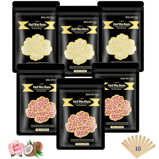 1.3Lb/21oz Hard Wax Beads for Hair Removal, Bouvetean Wax Beans for Bikini, Eyebrow, Face, Legs, Full Body Sensitive Skin Waxing with 10pcs Wax Spatulas (Pack of 6)-BrightBean Baby