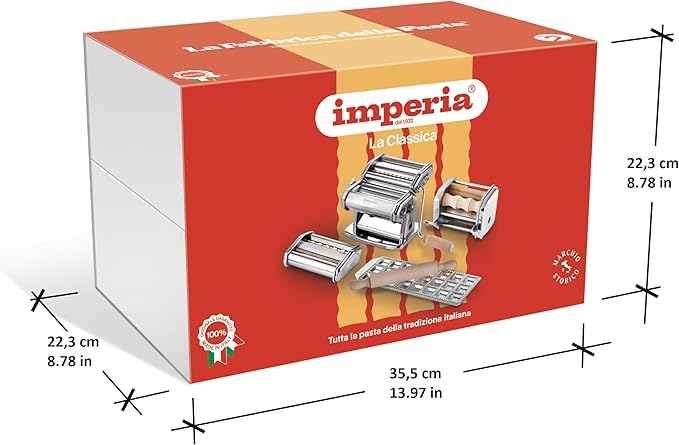 Imperia Pasta Maker Deluxe Gift Set w Accessories- Includes Pasta Machine, Ravioli Mold Press, Wooden Rolling Pin plus 2 Cutter Attachments for Adjustable Thicknesses- Made in Italy Steel Construction