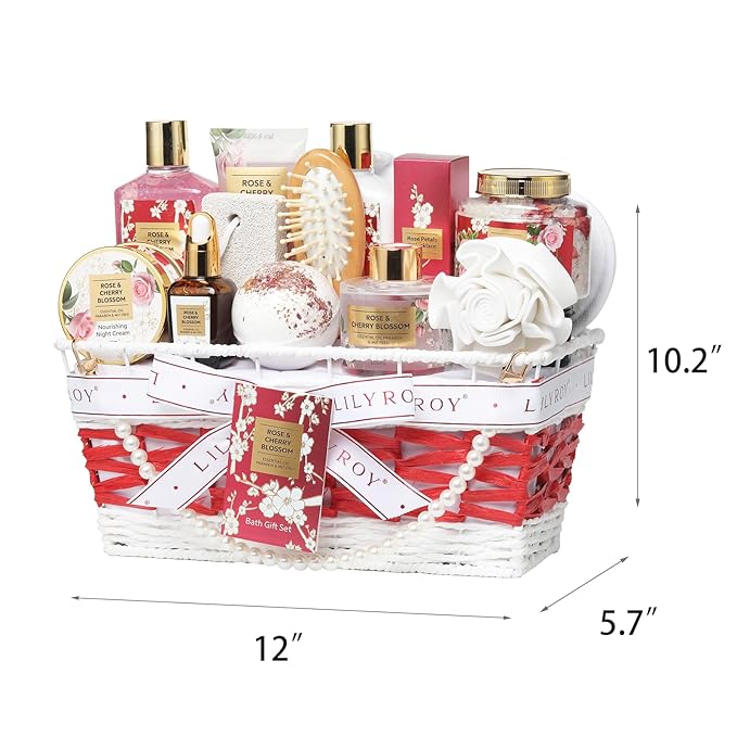 Mothers Day Gifts for Mom Rose & Cherry Blossom Spa Gift Set for Women - 19-Piece Luxury Bath & Body Care Kit with Necklace, DIY Chain, Shower Gel | Valentine's Day, Christmas Gifts for Her, Wife-BrightBean Baby