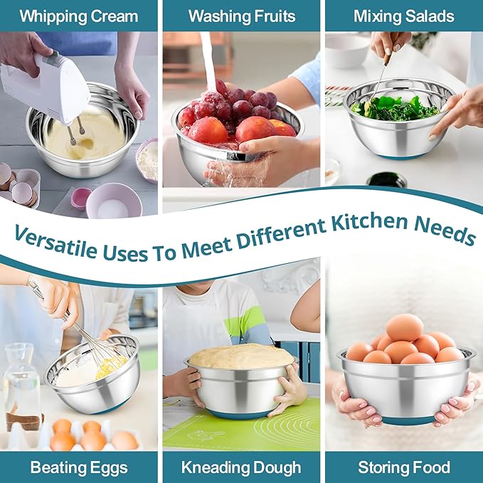 TeamFar Mixing Bowls, 5PCS Stainless Steel Serving Salad Bowls with Lids, For Kitchen Mixing/Baking/Storing/Prepping, Visible & Airtight, Non-Slip Bottom - 4.6/3.5/1.5/1 / 0.7 QT, Dark Blue