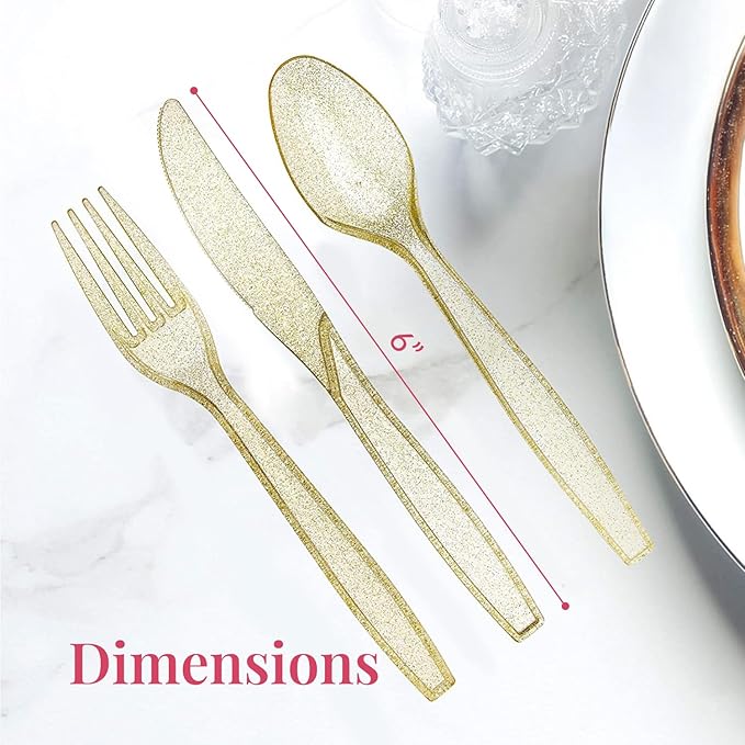 Prestee 180 Gold Glitter Plastic Silverware Cutlery Set - Gold Plastic Silverware Disposable Flatware with 60 Forks, 60 Spoons, 60 Knives - Suitable for Parties, Fancy Party Utensils