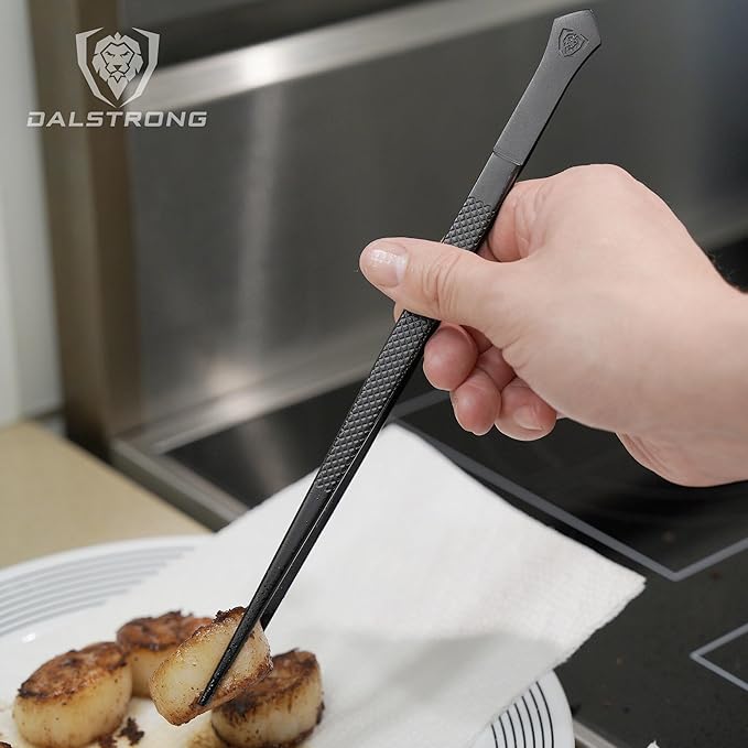 DALSTRONG Professional Plating Tweezers - 2 Piece Set - 10 inch Straight+Wide Tip High-Precision - Black Titanium Coating - Plating, Multi-use - 304 Stainless Steel - Culinary Fine Use - Kitchen Tongs