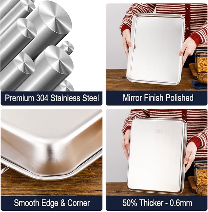 Little Serving Trays Stainless Steel 304 in Bulk Small Cookie Baking Sheet Pans 10.4 x8.1 x1.1Inch (Diagonal 12.3) Reheat Food Small Items No Rust Dishwasher Safe Bakeware for 2 Person 12 Pack