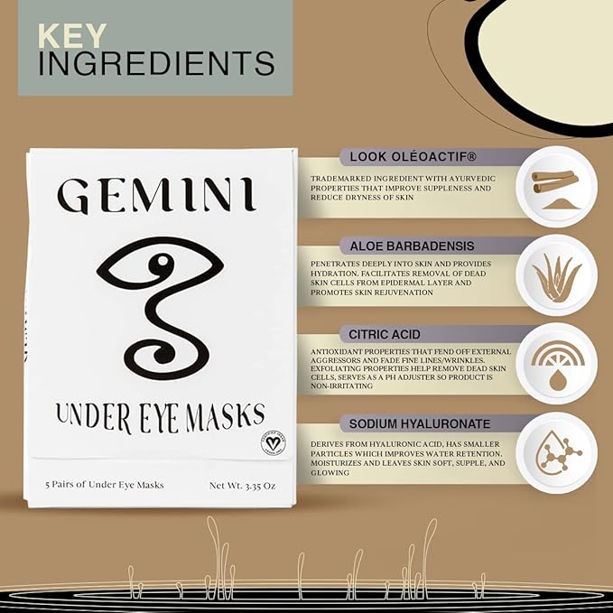 Gemini Under Eye Patches for puffy eyes, dark circles, under eye bags and wrinkles - 5 pairs biocellulose under eye masks for personal care - Certified Vegan-BrightBean Baby