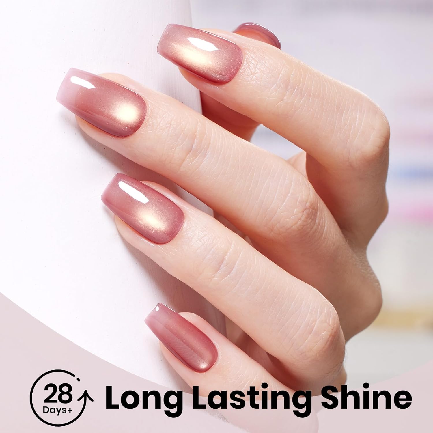 Beetles Pink Cat Eye Gel Nail Polish - 15ML Peach Pink Glass Cat Eye with Gold Powder Magnetic Glitter Gel Polish Soak Off UV Salon DIY French Nail Art Sunlit Champagne Collection Gift for Women-BrightBean Baby