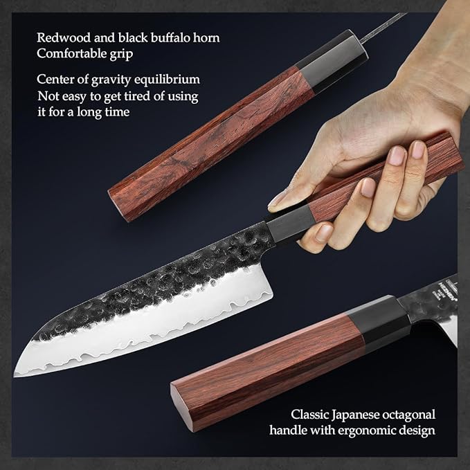 HEZHEN Santoku Knife, 7 Inches, 3 Layers Clad Steel Chef Knife,Professional Japanese Kitchen Knife for Chefs and Home Cooking,Wooden Octagonal Handle