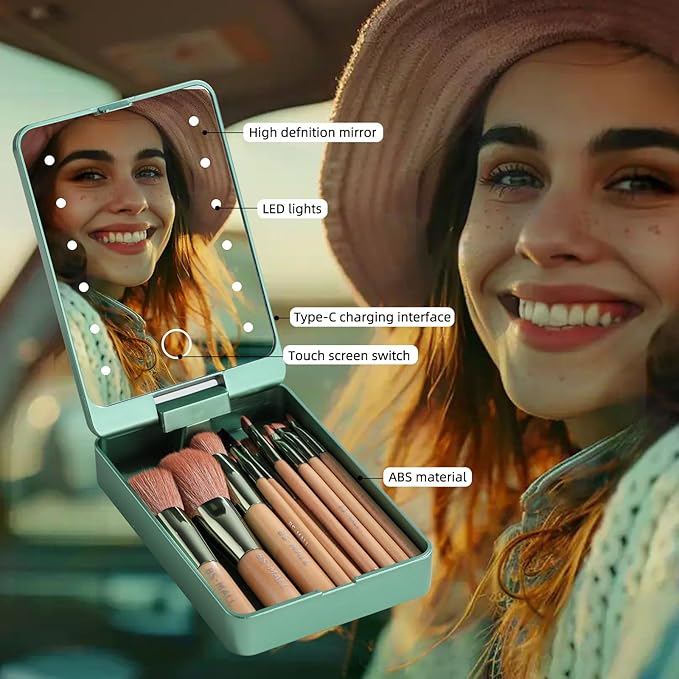 BS-MALL Travel Makeup Brush Set Foundation Powder Concealers Eye Shadows Makeup Set with LED light Mirror 14 Pcs (Green)-BrightBean Baby