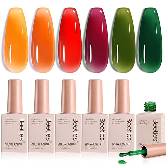 Beetles Jelly Gel Nail Polish Set - 6 Colors Yellow Orange Burgundy Red Purple Green Fall Gel Polish Kit Sheer Translucent Effect Soak off UV Nail Art Autumn Prism Series Manicure Gift for Women-BrightBean Baby