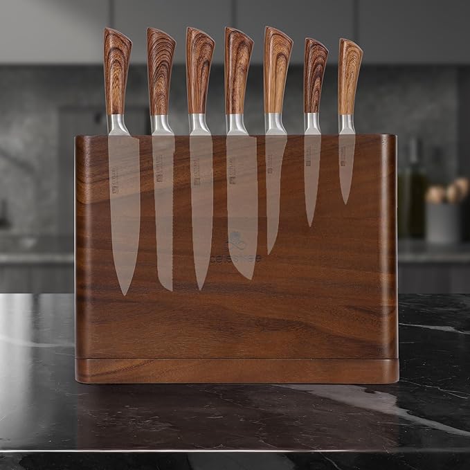2 - in - 1 Magnetic Knife Block Holder with 16"x11" Cutting Board, Crafted from Premium Natural Rain Wood, Exquisitely Made with Elegant Design, Ideal for Efficient Kitchen Knife Storage