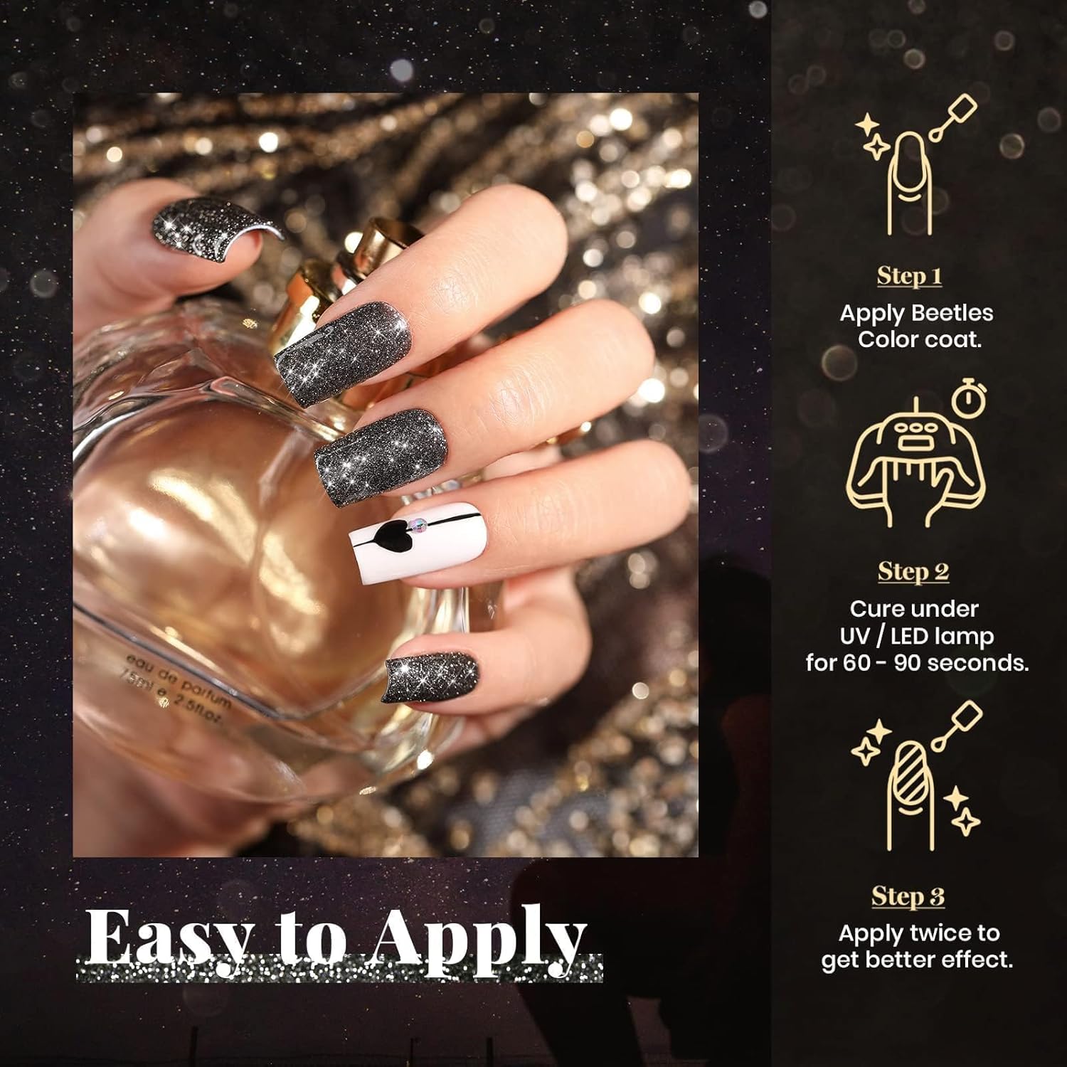 Beetles Black Gel Nail Polish, 1Pcs 15ML Glitter Gel Nail Polish Black Sparkle Reflective Shimmer Color Soak Off UV Lamp Disco Nail Art Manicure Salon DIY at Home Gifts for Her-BrightBean Baby