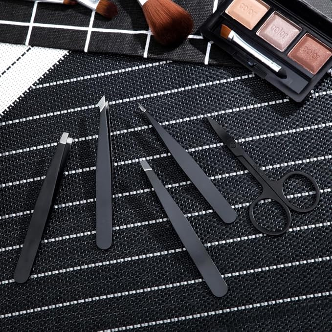 Tweezers Set 5-Piece - Professional Stainless Steel Tweezers with Curved Scissors, Best Precision Tweezer for Eyebrows, Splinter & Ingrown Hair Removal with Leather Travel Case (Black)-BrightBean Baby