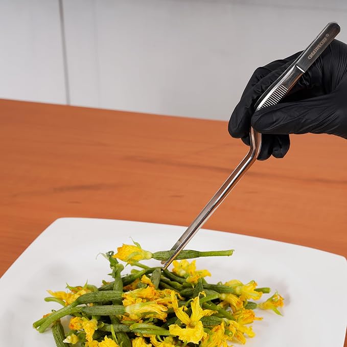 CREATIVECHEF 8 Inch Kitchen Tweezer, Stainless Steel Food Tongs, Kitchen Fine Tweezer, Fine tweezer tongs for food presentation (black)