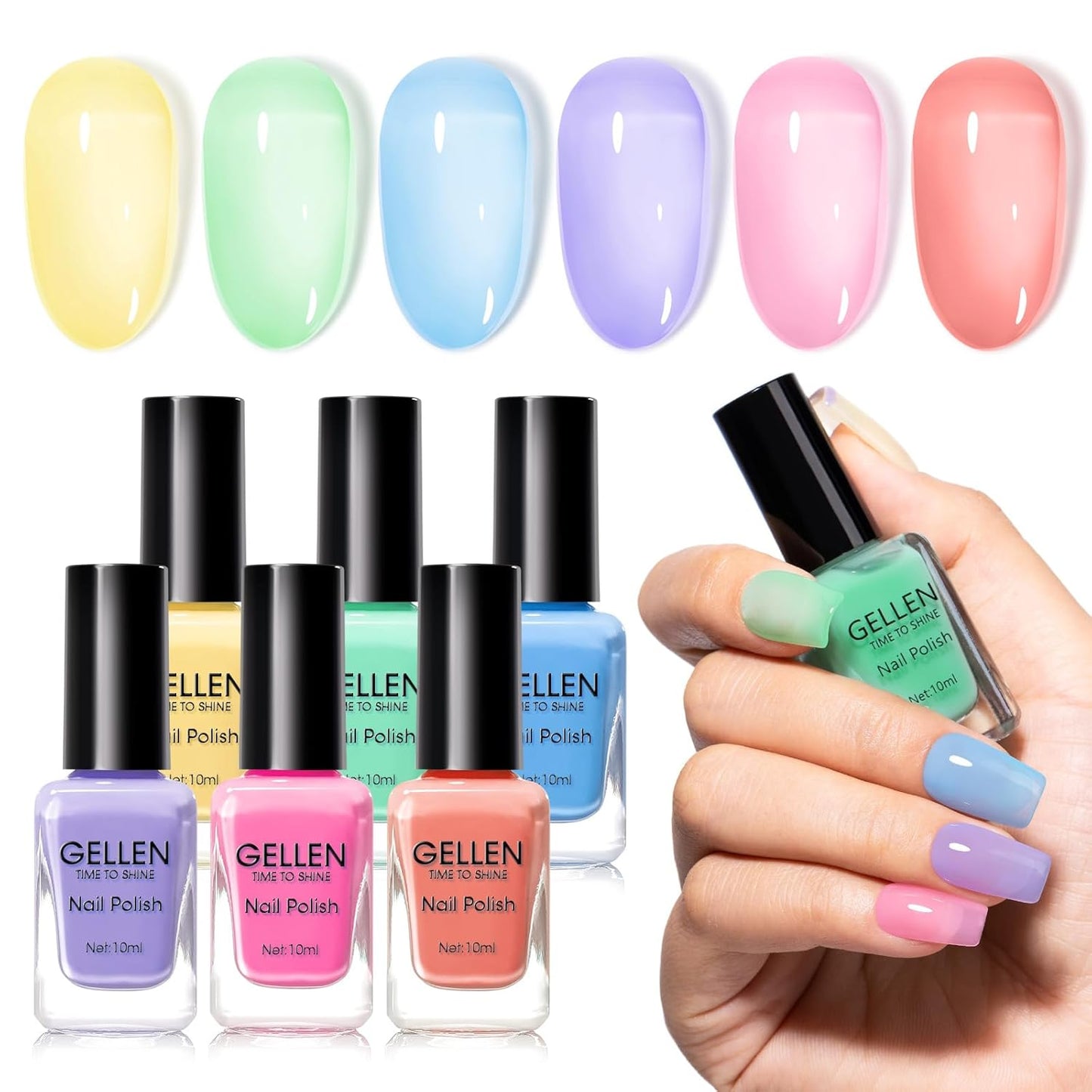 GELLEN Clear Pastel Jelly Nail Polish, Sheer Natural Regular Nail Polish Quick Dry Spring Summer 6-Color Set for Acrylic Natural Nails Home Salon, No UV Gel, Chip Resistant, Hema Free, Non Toxic-BrightBean Baby