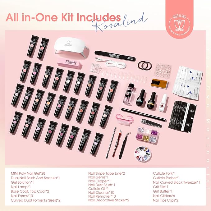 ROSALIND 28 Colors Poly Nail Gel Kit with Mini U V/LED Lamp White Nude Poly Nails Gel Kit Starter Kits With Slip Solution Pink Extensions Set for Nail Manicure Beginner-BrightBean Baby
