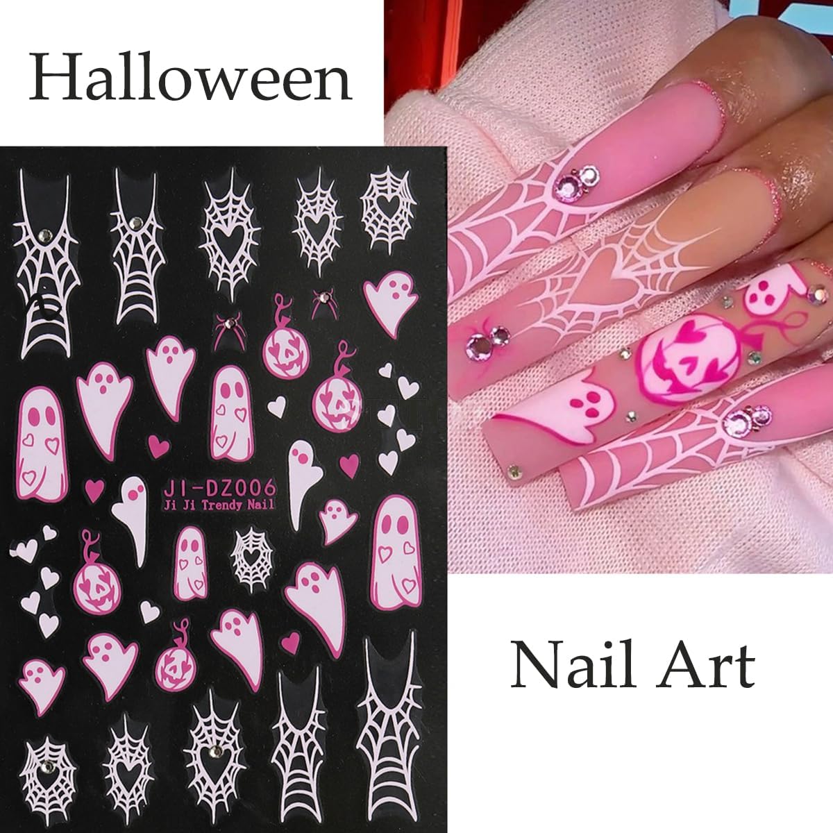6Sheets Halloween Nail Stickers for Nail Art,3D Self-Adhesive Cute Ghost Spider Web Nail Decals with Rhinestones Design,Pink Pumpkin Spiders Skull Nail Art Stickers for Women Girls DIY Nail Decoration-BrightBean Baby