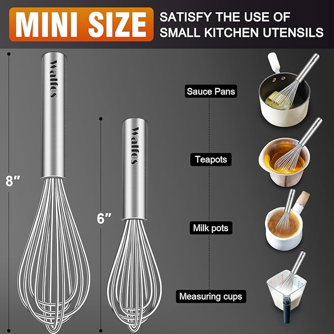 Walfos Mini Whisk,6+8 in Small Whisk,304 Stainless steel Whisks Heat Resistant 600°F,Nice for mixing salad dressings or beating an egg.Tiny whisk size great for narrow and shallow vessels.Silver
