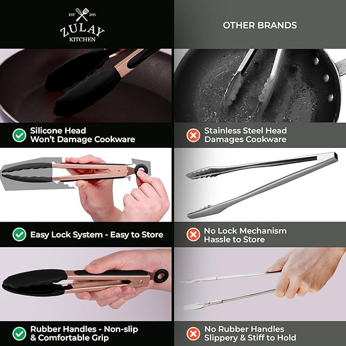 Zulay Stainless Steel Kitchen Tongs with Silicone Tips - Set of 2 (9” & 12”) Locking Cooking Tongs with Non-Slip Grip - Heat Resistant, BBQ Food Tongs for Non-Stick Cooking Pans (Rose Gold/Black)