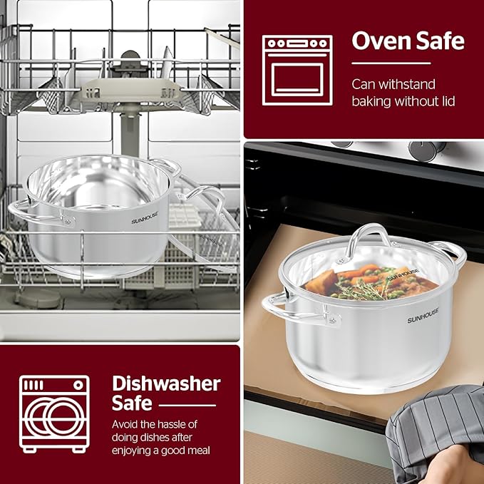 SUNHOUSE 8 Quart Stock Pot with Lid - Tri-Ply Stainless Steel Large Capacity Pot