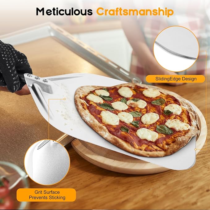 Pizza Peel, Pizza Paddle 12 Inch, Pizza Spatula with Oven Gloves, Space-Saving & Easy-to-Clean, Pizza Oven Accessories