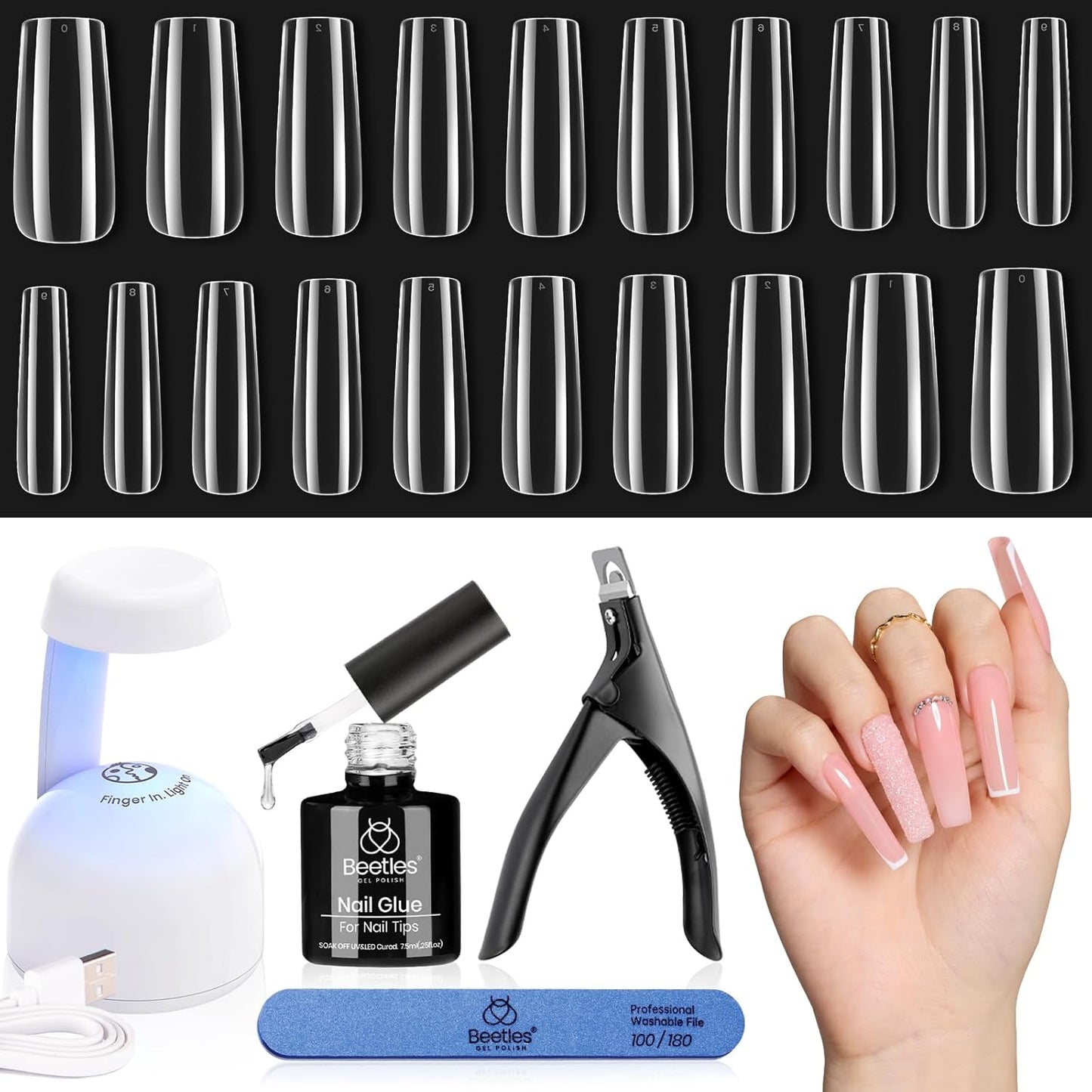 Beetles Gel Nail Kit Easy Extension Set, 240 PCS Long Square Gel Nail Tips Full Cover With 5 In 1 Nail Glue Base Gel and Innovative Uv Led Lamp Easy DIY Gift for Women-BrightBean Baby