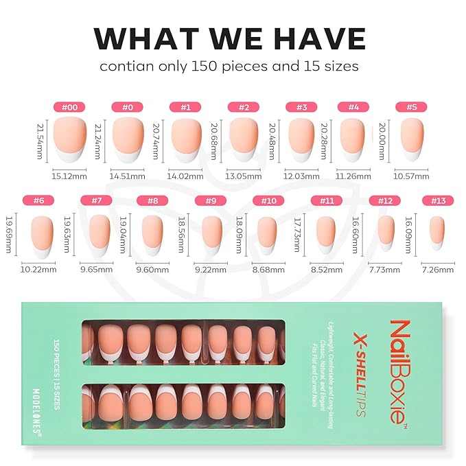 modelones Press on Nails, 150 Pcs French Tip Press on Nails, NailBoxie Brown Short Almond Nail Tips, Soft Gel Nail Tips, Ideal for Wedding, Party, Daily DIY Nail, 15 Sizes (S)-BrightBean Baby