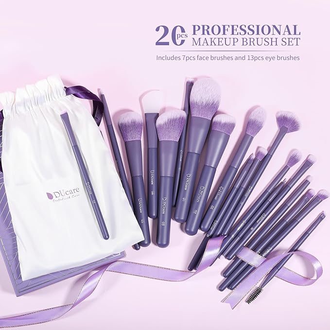 DUcare Makeup Brushes Set Professional 20pcs Vegan Make Up Brushes, Foundation Eyeshadow Concealer Contour Powder Blush Blending Eyeliner Brush with Silicone Face Mask Brush Purple-BrightBean Baby