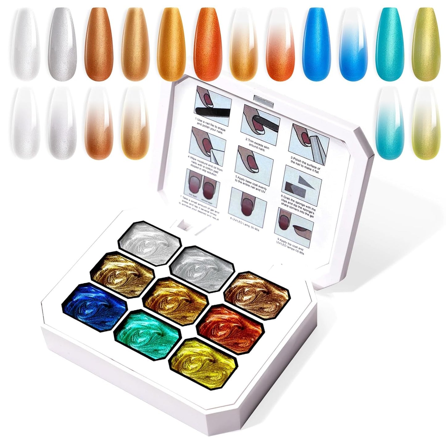 Gradient Painting Gel, 9 Colors Ombre Gel Nail Polish Gold Silver Metallic Effect Pigment Pat Aura Nails French Manicure Soak Off UV Long-lasting Home Salon DIY Nail Art Satin Metal(01)-BrightBean Baby