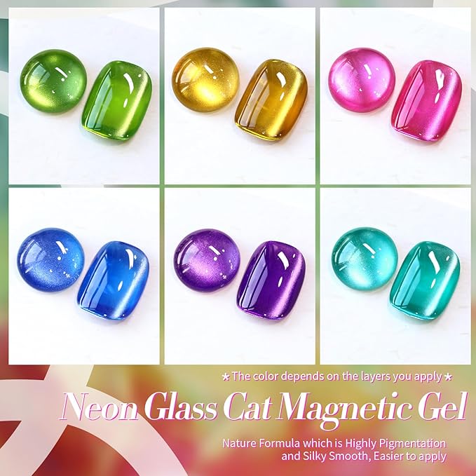 Born Pretty Cat Magnetic Eye Gel Nail Polish Neon Glazed Glass Crystal Magnetic Gel Spring Summer Yellow Green Pink Blue Purple Translucent Gel Polish Set Manicure Nail Art DIY at Home-BrightBean Baby