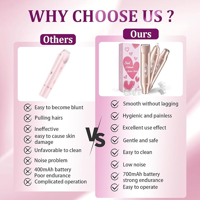 Bikini Trimmer for Women，3 in 1 Electric Razor with Ceramic Blades, IPX7 Waterproof, USB Rechargeable, Painless Hair Removal for Face，Body，Bikini Area, Travel Grooming Kit (Rose Gold)-BrightBean Baby