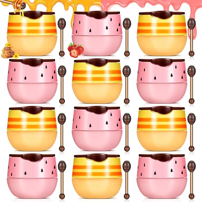 12 Pcs Bee Lip Balm Honey Pot with Brush Propolis Lip Mask Overnight, Moisturizing Hydrating Lip Sleeping Mask Prevention Dry and Cracked(Honey+Strawberry)-BrightBean Baby