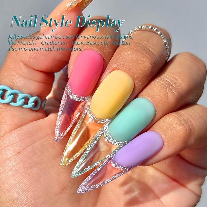 Born Pretty Jelly Gel Nail Polish Set Spring Summer Crystal Glass Translucent Pastel Sheer Gel Polish Pink Green Blue Red Yellow Silver Shiny Glitter Gel Nail Polish Nail Art Gel DIY Gift 6PCS-BrightBean Baby