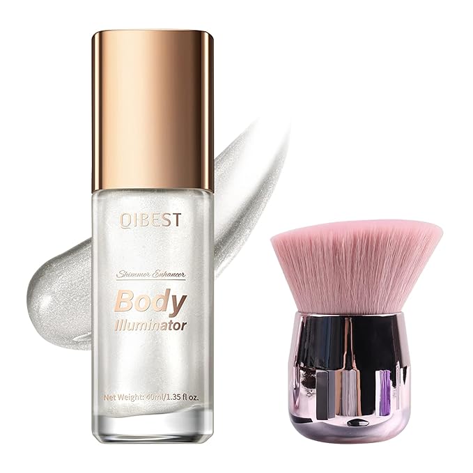 40ml Body Shimmer Oil,Face and Body Liquid Luminizer,Smooth Body Shimmer Oil For Sunshine Bath, Waterproof Moisturizing Light Shimmer Glow Illuminator,Liquid Highlighter Makeup,Makeup Brush Include (1#-Silver)-BrightBean Baby