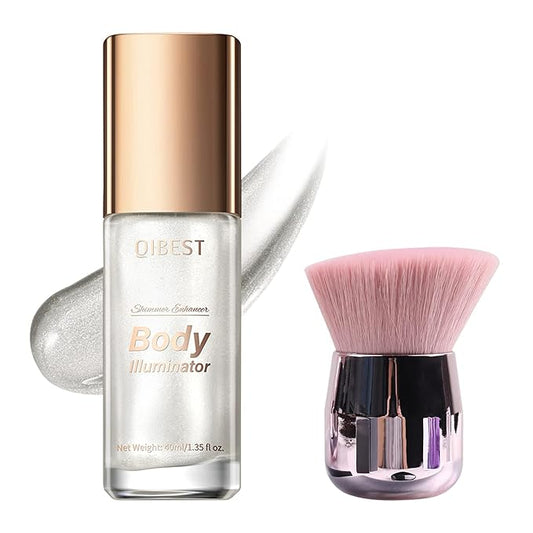 40ml Body Shimmer Oil,Face and Body Liquid Luminizer,Smooth Body Shimmer Oil For Sunshine Bath, Waterproof Moisturizing Light Shimmer Glow Illuminator,Liquid Highlighter Makeup,Makeup Brush Include (1#-Silver)-BrightBean Baby