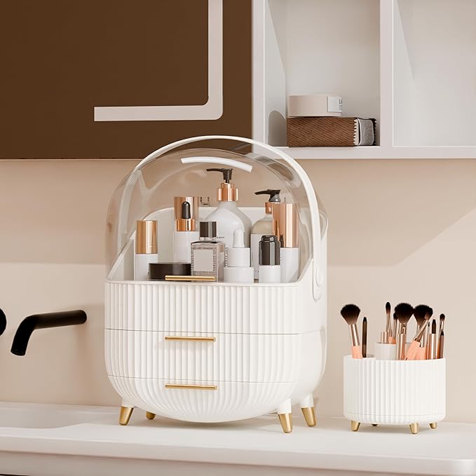 Makeup Organizers and Storage Make up Organizer for Vanity Cosmetics Skincare With Lid and Drawers Display Cases for Countertop Bathroom Women Teenager Girl Gifts(White+Brush Holder)-BrightBean Baby