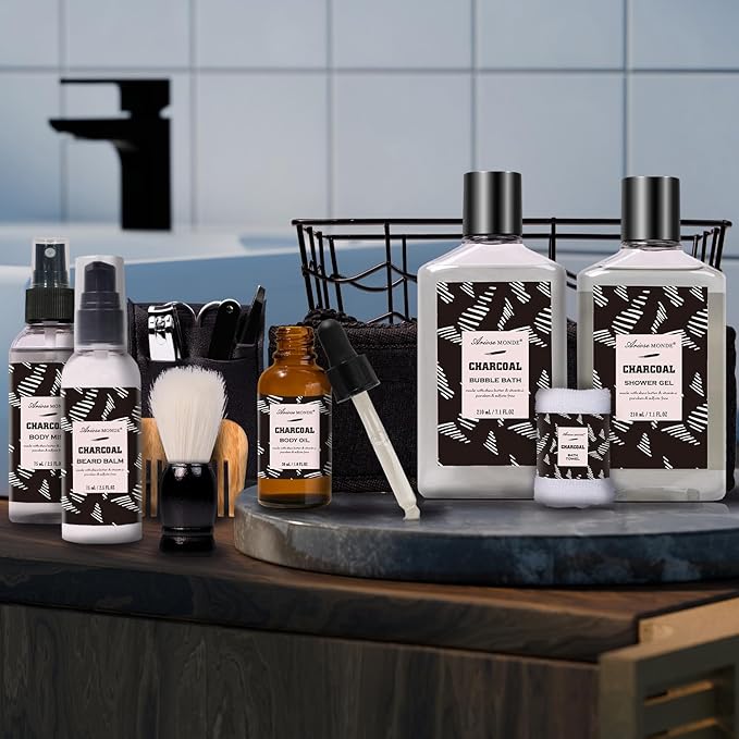 Valentines Day Gifts for Men Spa Gifts for Men, Charcoal Bath and Body Gift Set for Men, 10 Pcs Spa Kits Ideal Birthday, Christmas. Men's Relaxation Bath Baskets, Self Care Kit-BrightBean Baby