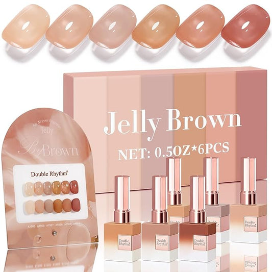 Double Rhythm 6 Pcs 15 ML Gel Polish Set Same Color Same Bottle Soak Off Gel Polish Kit Nail Art Manicure Salon DIY at Home for Women (Translucent Milky Brown Nude Orange Rose Red-T6-1)-BrightBean Baby