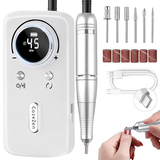 CozyZen Cordless Nail Drill Professional: 45000 RPM Rechargeable Electric Nail File Kit, Portable & Low Noise for Acrylic, Gel Nails, Manicure & Pedicure - Salon & Home Use-BrightBean Baby