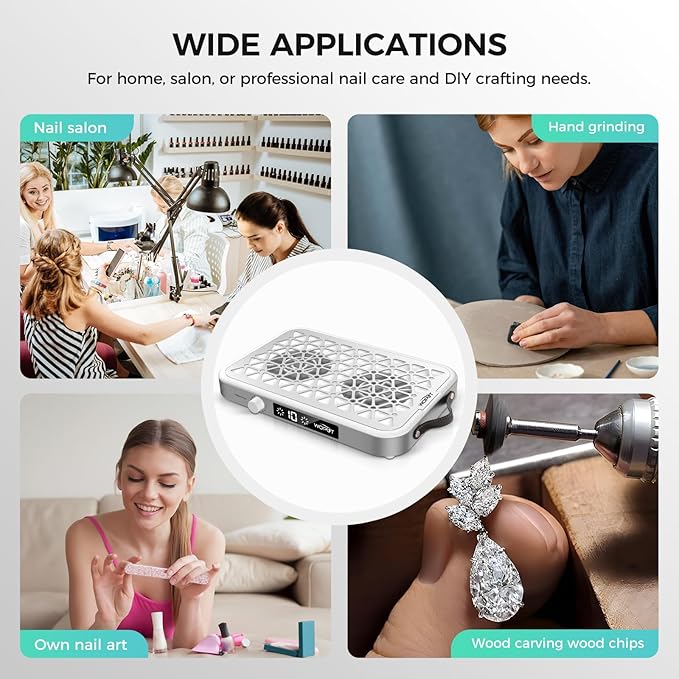 Professional Nail Dust Collector, 1600PA Portable, 10 Speeds, Disposable Filter Papers (30 Pcs), Matte White, Modern, Lightweight, Nail Vacuum for Home & Salon-White-BrightBean Baby