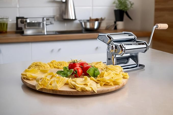 Imperia Pasta Maker Deluxe Gift Set w Accessories- Includes Pasta Machine, Ravioli Mold Press, Wooden Rolling Pin plus 2 Cutter Attachments for Adjustable Thicknesses- Made in Italy Steel Construction