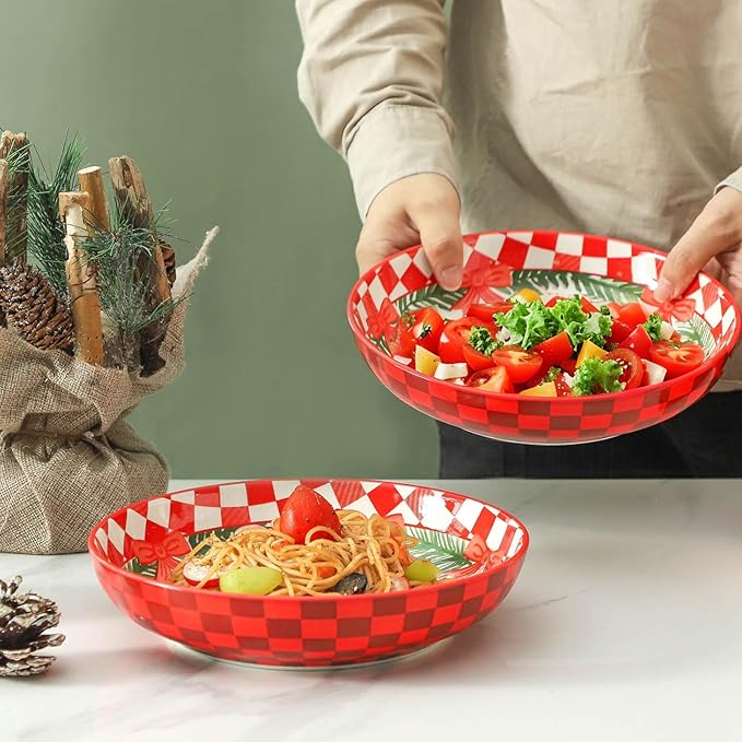 HASENSE Pasta Bowls Set of 4, 42 Ounce Ceramic Salad Serving Bowl for Kitchen,9.7 Inch Large Shallow Bowls for Pasta Soup Salad Dinners,Holiday Gatherings,Christmas, Dishwasher & Microwave Safe